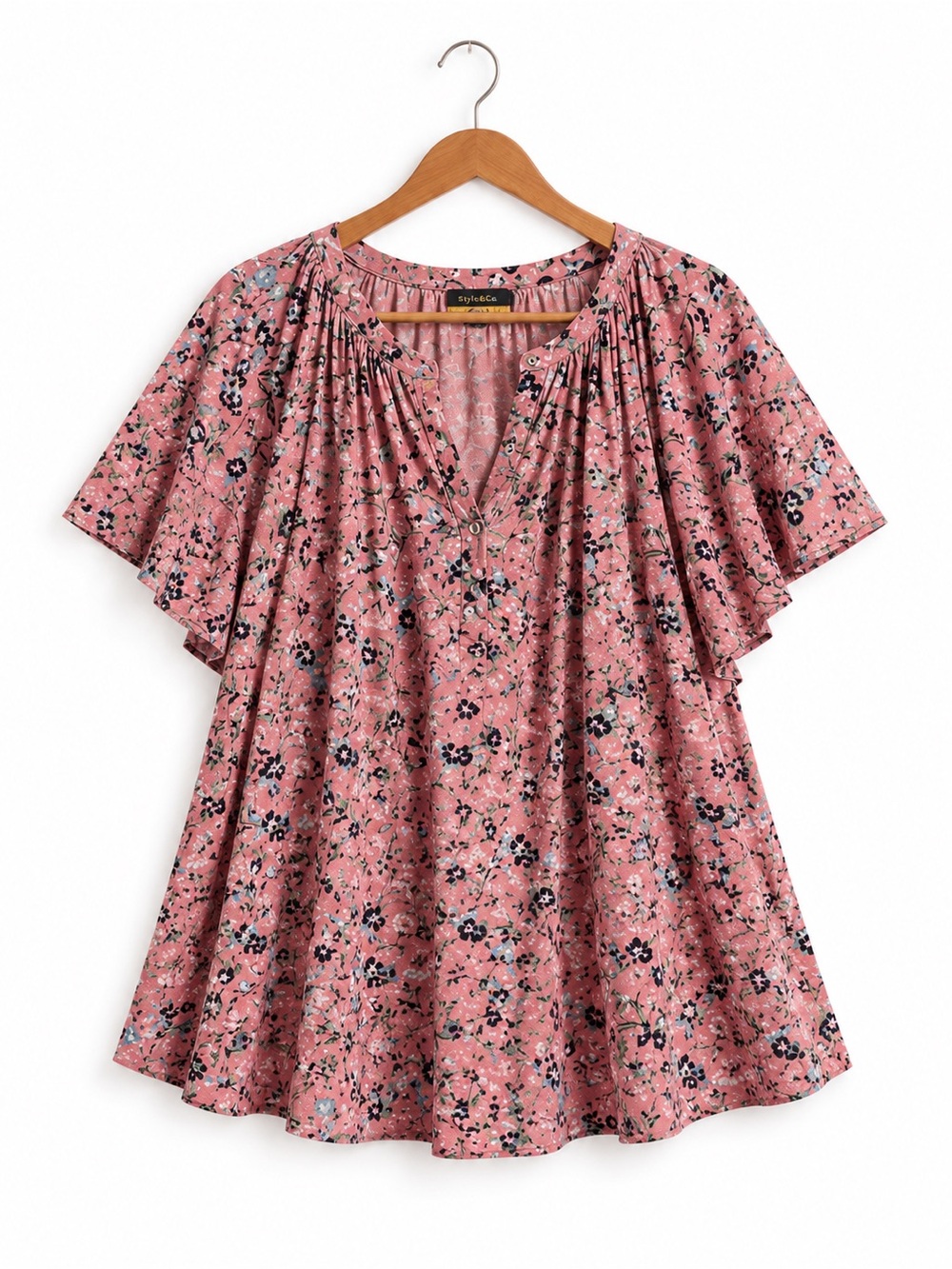 Style & Co Floral Pink Print Flutter Sleeve Women's Top 2X Plus Size - Picture 4 of 6